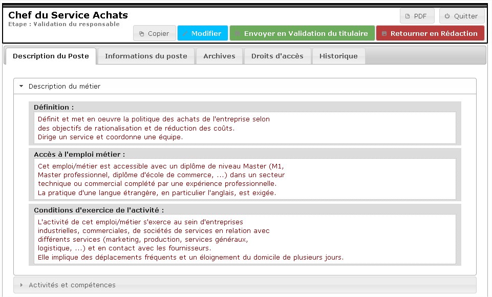 Ecran de consultation et saisie d'une fiche de poste